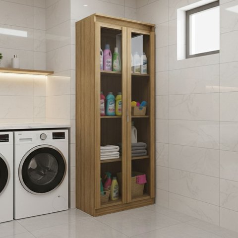 Armário Multiuso 60x160,5cm 2 Portas de Vidro 4 Nichos Amêndoa AM3111