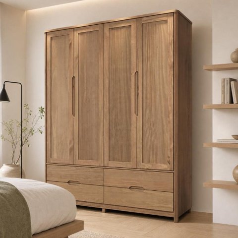 Guarda Roupa Solteiro 4 Portas 4 Gavetas 178cm Madeira Maciça Benton F06 Tauari - Lyam Decor