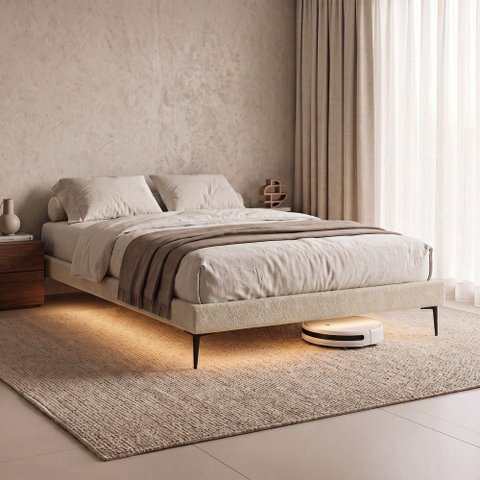 Cama Base Box Queen Unique Estrutura em Madeira Pés de Ferro Bege Desk Design