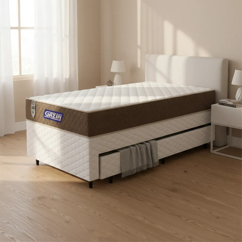 Cama Box + Colchão Gazin de Molas Ensacadas One Face Air Light + Auxiliar de Espuma Solteiro 88 cm