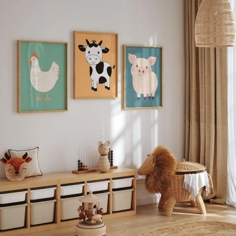 Kit 3 Quadros Decorativos Infantil - Bichinhos Das Cores NO2 - 40x60 - Moldura Madeira