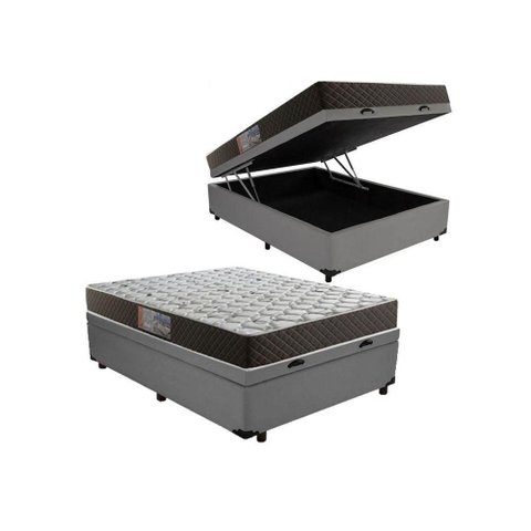 Cama Box com Baú Casal Abertura Pneumática Colchão Molas Bonnel Suede Cinza