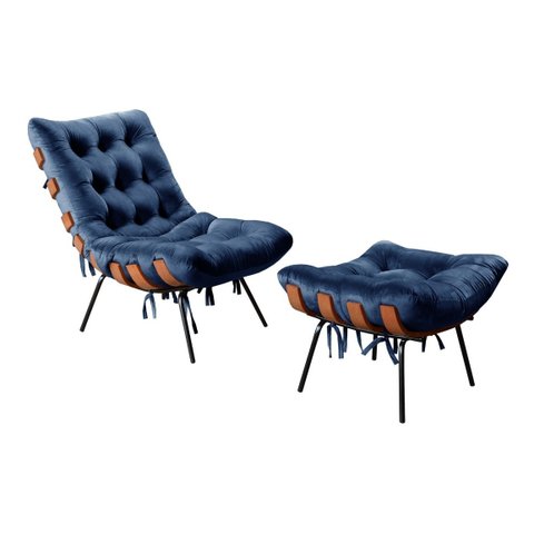 Poltrona Costela com Puff Base Fixa para Sala, Quarto - Suede Azul Marinho