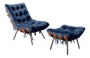 Ver imagem 1 de Poltrona Costela com Puff Base Fixa para Sala, Quarto - Suede Azul Marinho