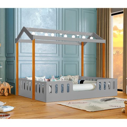 Cama Infantil Casal Ágatha com Luminária para Quarto Infantil Seguro e Funcional - Cinza/amêndoa