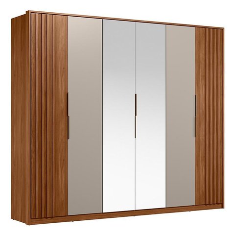 Guarda Roupa Casal Atrice Ripado 6 Portas Nogueira Touch/nude Prime Tx com 2 Espelhos - Demartêz