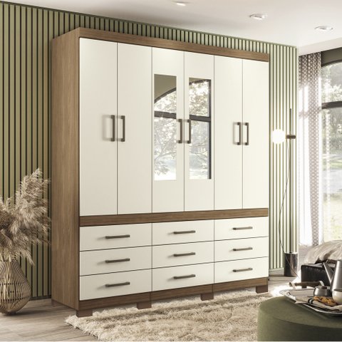 Guarda Roupa Casal 6 Portas 9 Gavetas com Espelhos e Pes Santos Andira
