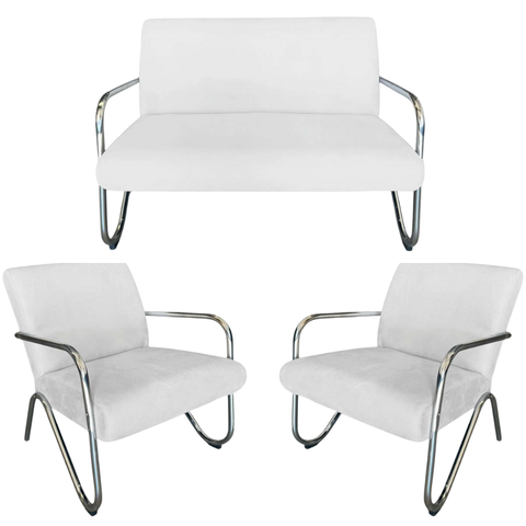 Kit Namoradeira + 2 Poltronas Decorativa Bela Couro Branco Braço Cromado