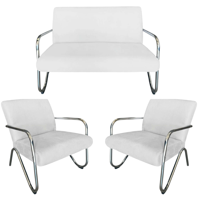 Kit Namoradeira + 2 Poltronas Decorativa Bela Couro Branco Braço Cromado