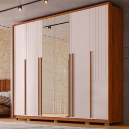 Guarda-roupa Quintus Lux 6 Portas 6 Gavetas com Vidro Reflecta Freijó/off White - Caemmun - 1
