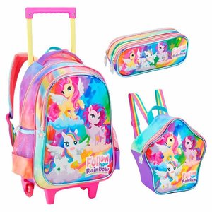 Kit Mochila de Rodinhas + Lancheira Térmica + Estojo Unicórnio Arco-íris Rainbow Denlex