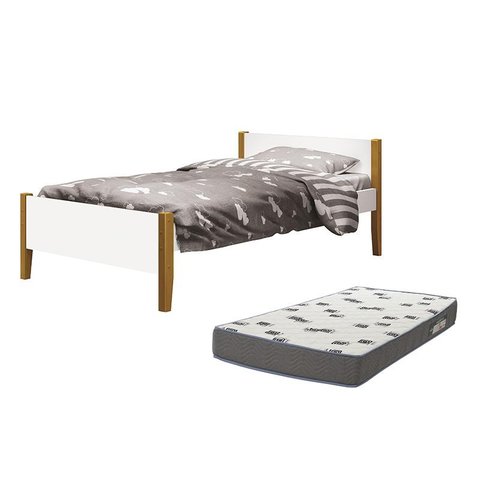 Cama Solteiro Simba Branco Fosco Pés Amadeirado com Colchão D33 - Reller Móveis