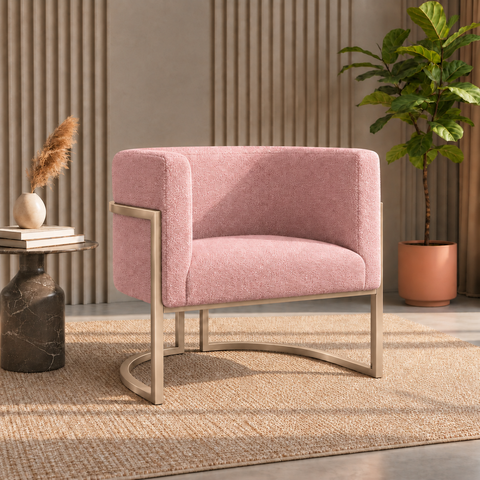 Poltrona Decorativa Luna Bouclé Premium para Sala Escritório Recepção Base Circular em Ferro Madeira