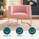 Ver imagem 3 de Poltrona Decorativa Luna Bouclé Premium para Sala Escritório Recepção Base Circular em Ferro Madeira