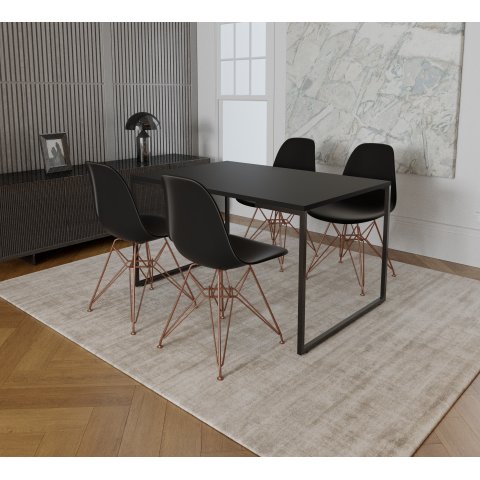 Mesa Industrial Base Ferro Preto Tampo 137x90 Preto 4 Cadeiras Eames Ferro Cobre Assento Preto