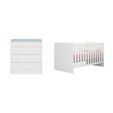 Jogo de Quarto Infantil com Berço Mini Cama Americano e Cômoda Trocador Doce Sonho Branco - FbABY