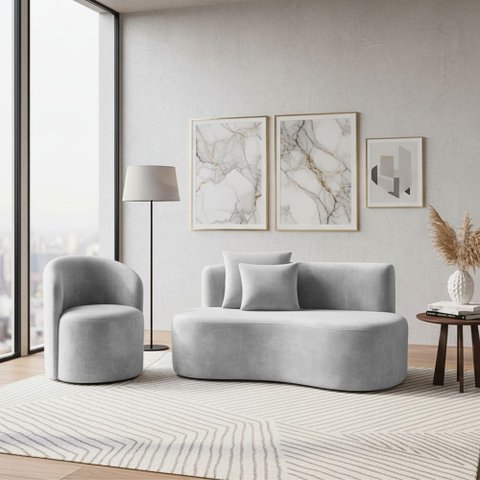 Conjunto 01 Poltrona + Sofá Curvo Orgânico Nature Gaia Veludo Cinza Claro - Montanaris Decor