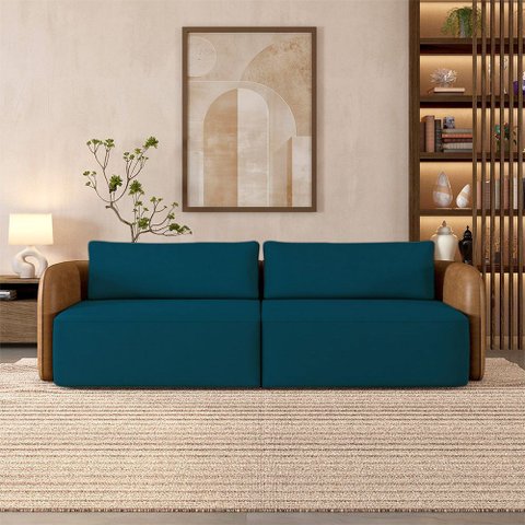 Sofá Living Sala de Estar Abel 220cm Bipartido Pés de Madeira Pu/veludo Caramelo/azul G33 - Gran Bel