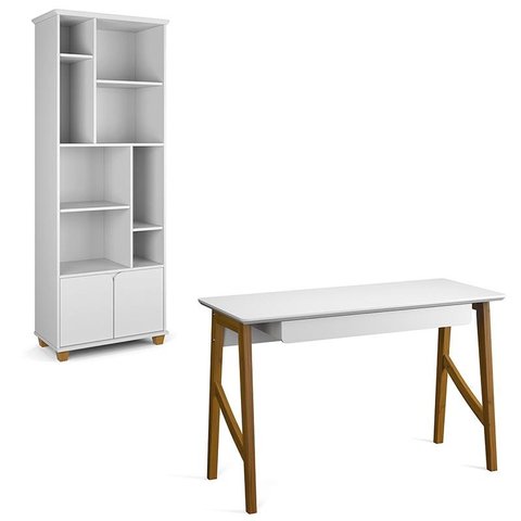 Conjunto de Escrivaninha com 1 Gaveta e Livreiro Taurus Branco