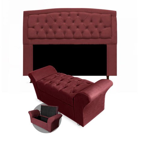 Kit Cabeceira Geovana + Calçadeira Baú Veneza Casal 140cm Suede - Renascer Decor:Vinho