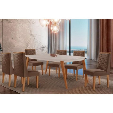 Conjunto: Mesa Sala Jantar Havana Tampo c/ Vidro Curvo 180cm+6 Cadeiras Dafne Madeira Naturale/Off