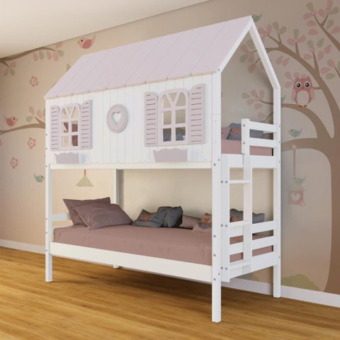 Beliche Casinha Bela com Coração - Madeira Maciça Branco/rosa | Megamobilia