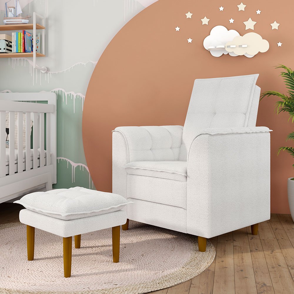 Poltrona de Amamentação Quarto Infantil com Puff Kate Pés Palito Bouclê Off White + Binde Amofada Ne - 2