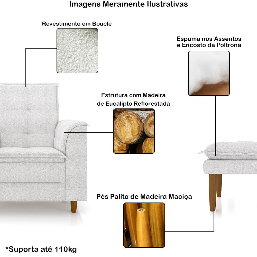 Poltrona de Amamentação Quarto Infantil com Puff Kate Pés Palito Bouclê Off White + Binde Amofada Ne - 3