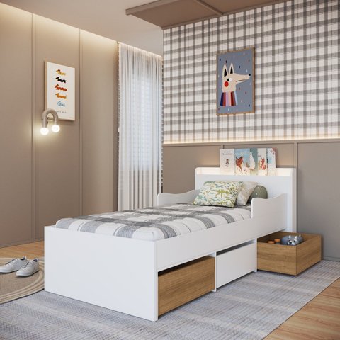 Cama Solteiro Infantil com 2 Baus e Gavetão Branco Mel