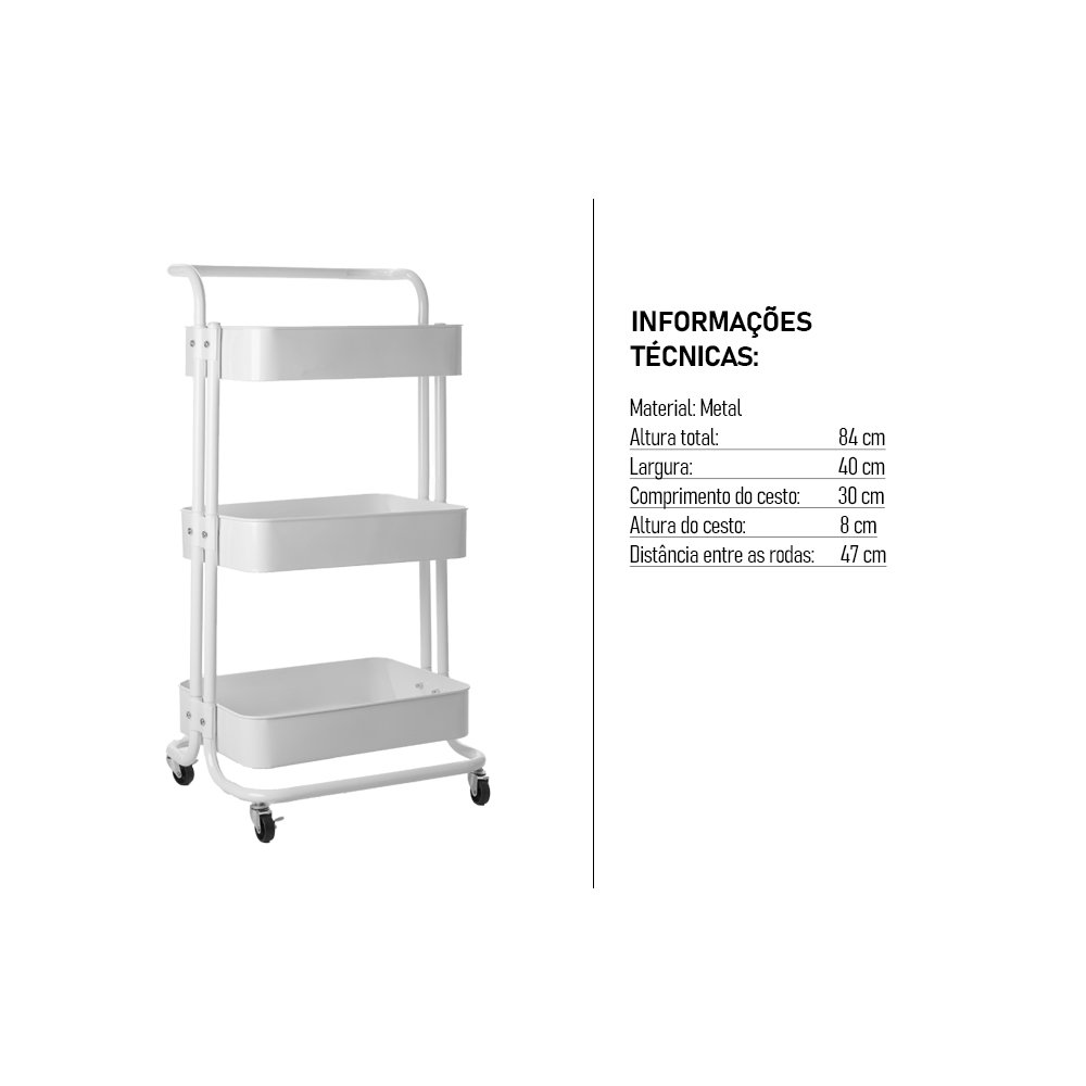 Carrinho Organizador Multiuso Berlim Cozinha Escritório Quarto 3 Prateleiras Branco - 4