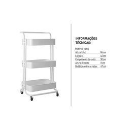 Carrinho Organizador Multiuso Berlim Cozinha Escritório Quarto 3 Prateleiras Branco - 4