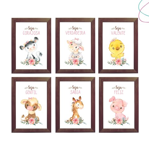 6 Quadros Decorativos C/ Moldura Animais da Fazenda Menina:tabaco
