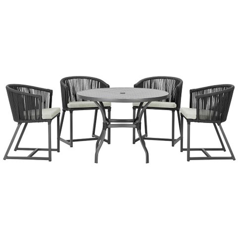 Mesa com 4 Cadeiras de Jantar Roma 100cm e Noronha em Aluminío Preto Corda Nautica Estofado 3 Trama