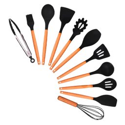Kit 12 Pçs Talheres Silicone Cabo Madeira + Porta - 5