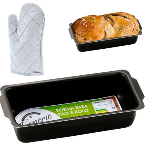 Forma Assadeira de Pão Retangular Grande Antiaderente 2l + Luva Térmica Forrada