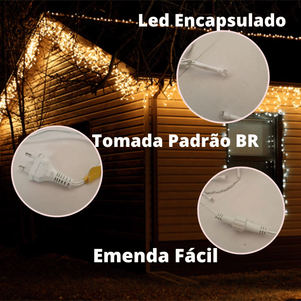 Kit 4 Cascatas 400 Leds Luz Morna Fixa - 220v - 7