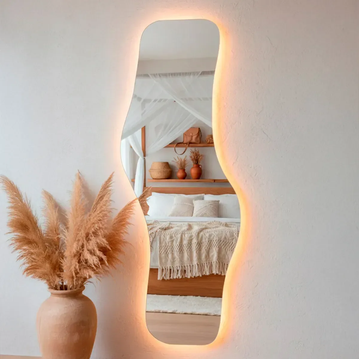 Ver imagem 1 de Espelho Decorativo Orgânico Led Quente170x70 Suporte de Parede Waves Sala Quarto Banheiro Escritório