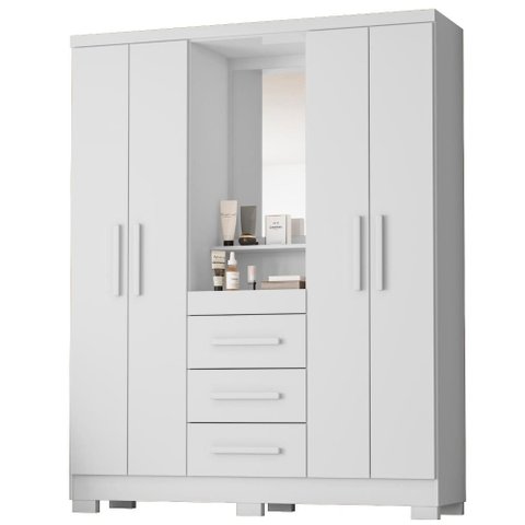 Guarda Roupa com Capela 4 Portas 3 Gavetas 148 cm Lyon Branco Rudk