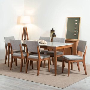 Conjunto de Jantar Mesa 184 Cm com Vidro 6 Cadeiras Ella - Natural C/ Mescla Cinza