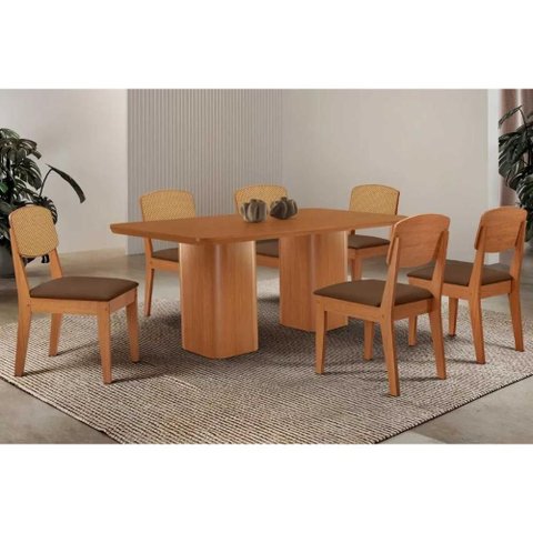 Sala de Jantar Completa Maldivas C/ Tampo Madeirado Canto Curvo 180x90cm e 6 Cadeiras Havana Premium