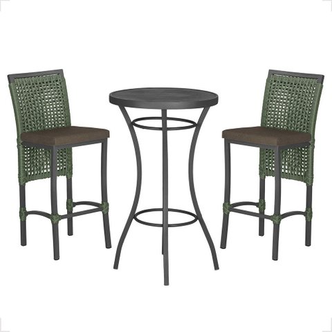 Mesa Bistrô e 2 Banquetas Roma Preta Corda Náutica Estofado 9 Trama Original