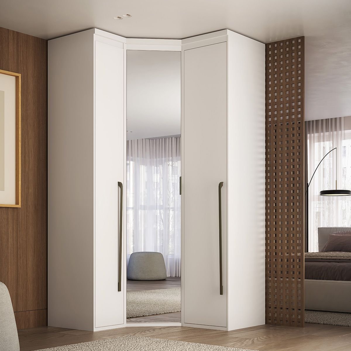 Guarda Roupa de Canto Obliquo Espelho 3 Portas Mdf Lotus Belmax:branco