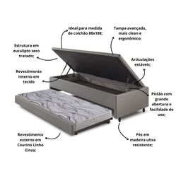Bicama Box com Baú Solteiro Courino Linho Cinza 88x188 com Colchão Auxiliar Ecoflex - 5