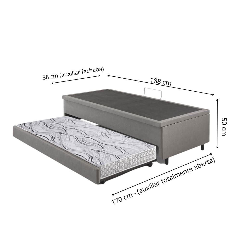 Bicama Box com Baú Solteiro Courino Linho Cinza 88x188 com Colchão Auxiliar Ecoflex - 3