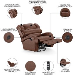 Poltrona do Papai Reclinável Kalie Glider Giratória Massagem Fh9 Pu Marrom Brilho - Mpozenato - 5