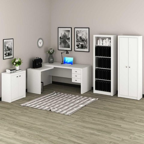 Kit Escritório Completo com Mesa em L Estante e Armário Cor:branco