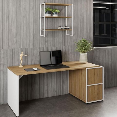 Escrivaninha 1,7m e Nicho Aéreo Industrial 3 Prateleiras F5 Cor:macadâmia com Branco