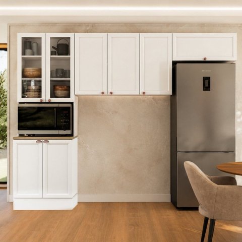 Cozinha Modulada Compacta Americana 3 Peças Paneleiro Duplo e Armários Aéreos Unna Branco