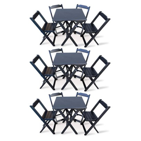 Kit 3 Conjunto Com Jogo De Mesa 60x60 Com 4 Cadeiras Dobráveis Preto Cor: Preto
