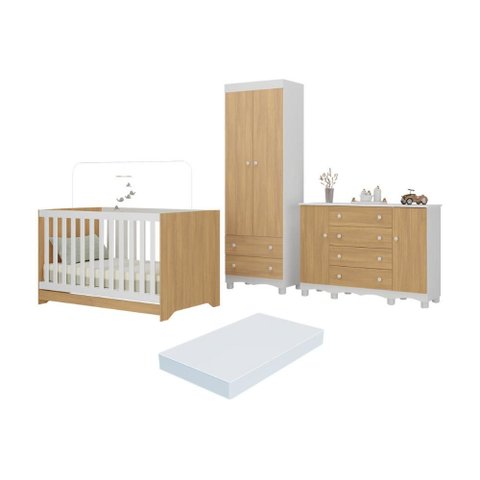Quarto de Bebê Completo Berço Americano 3 em 1 Colchão Dengo Multimóveis Mp4612 Branco/madeirado